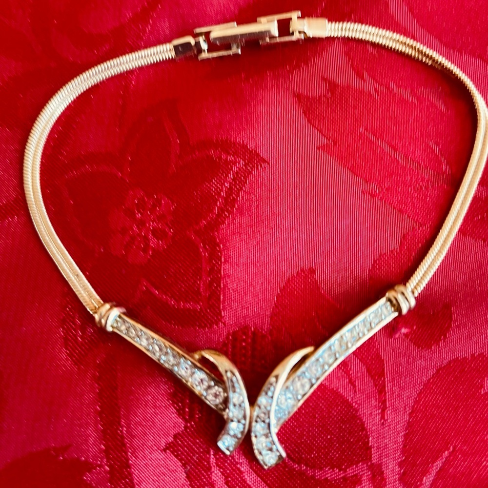 Authentic Signed Nina Ricci Gold Tone Crystal Necklace & Bracelet Set